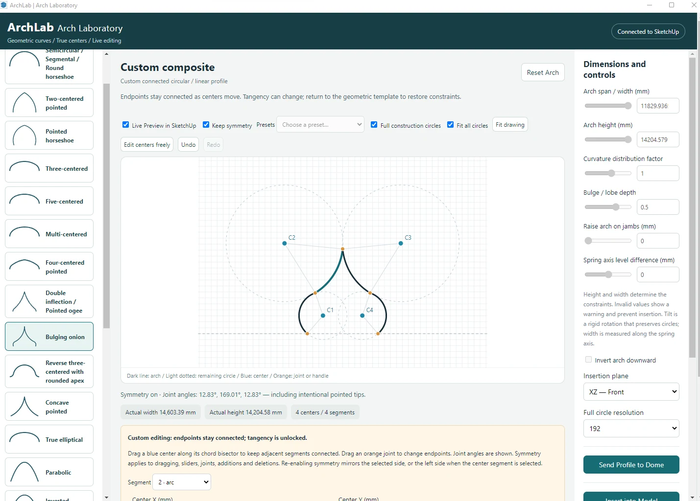 Actual ArchLab profile and arch generator interface provided by the developer